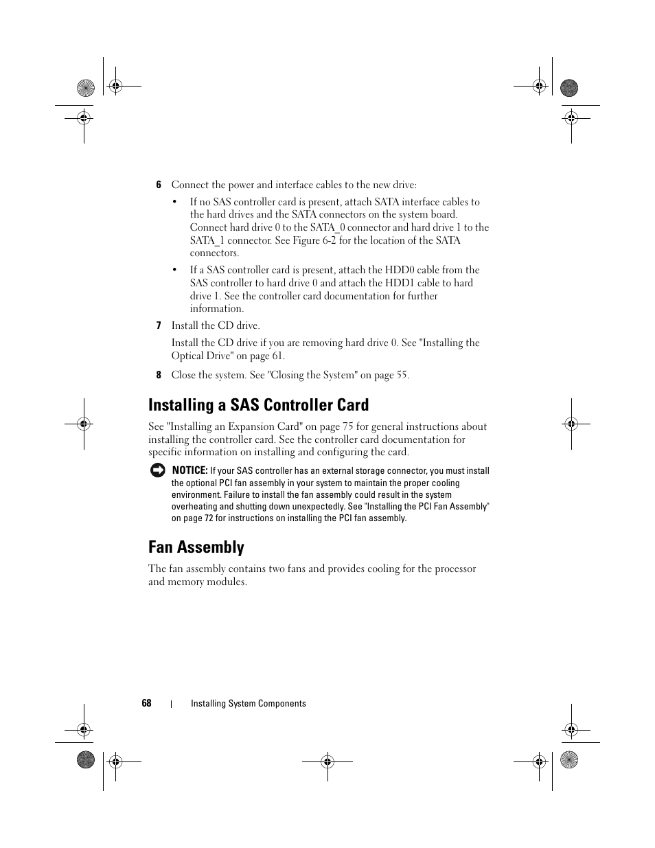 Installing a sas controller card, Fan assembly | Dell PowerEdge R200 User Manual | Page 68 / 182