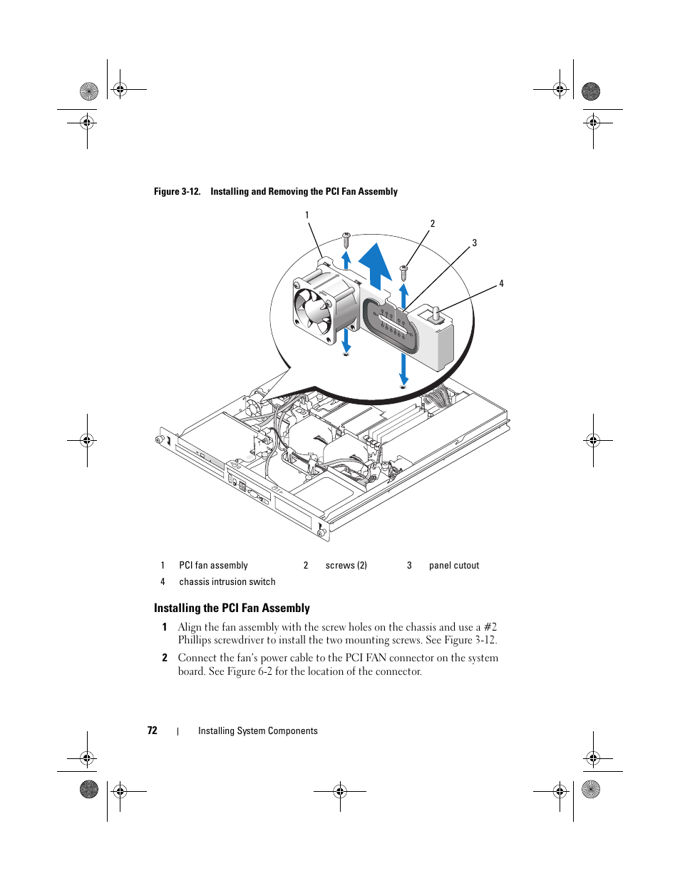 Installing the pci fan assembly | Dell PowerEdge R200 User Manual | Page 72 / 182
