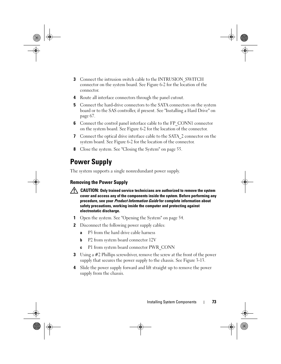 Power supply, Removing the power supply | Dell PowerEdge R200 User Manual | Page 73 / 182
