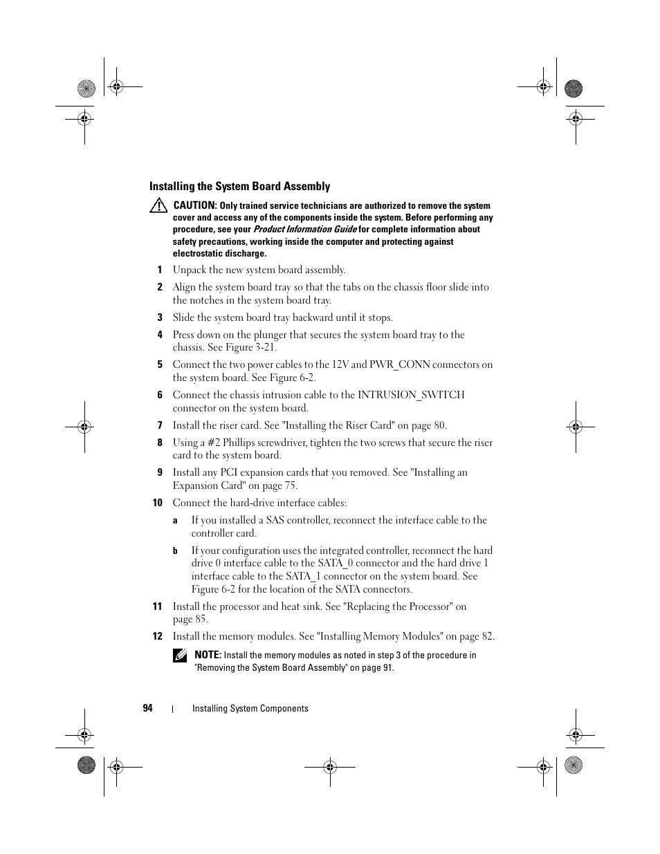 Installing the system board assembly | Dell PowerEdge R200 User Manual | Page 94 / 182