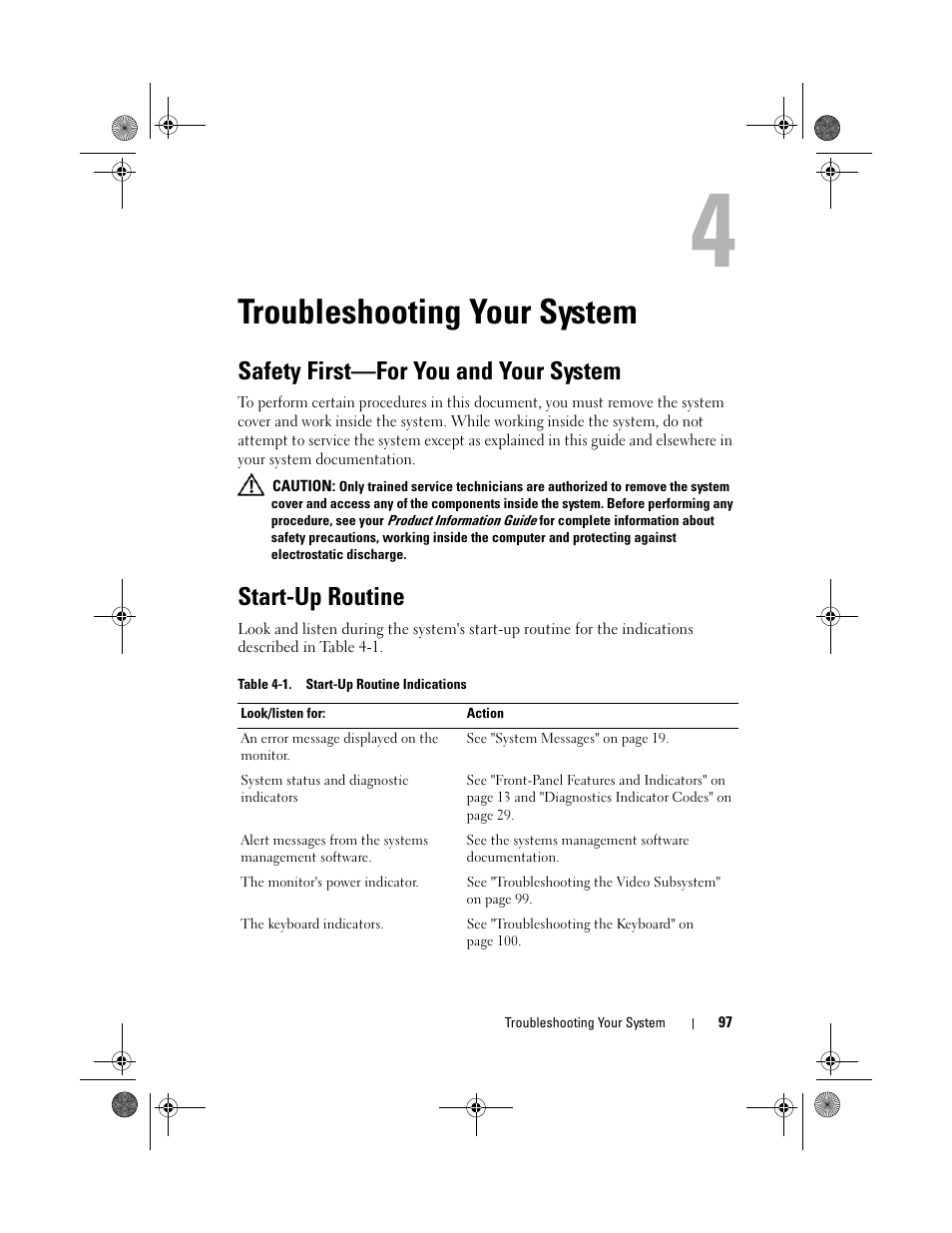 Troubleshooting your system, Safety first-for you and your system, Start-up routine | Safety first—for you and your system | Dell PowerEdge R200 User Manual | Page 97 / 182