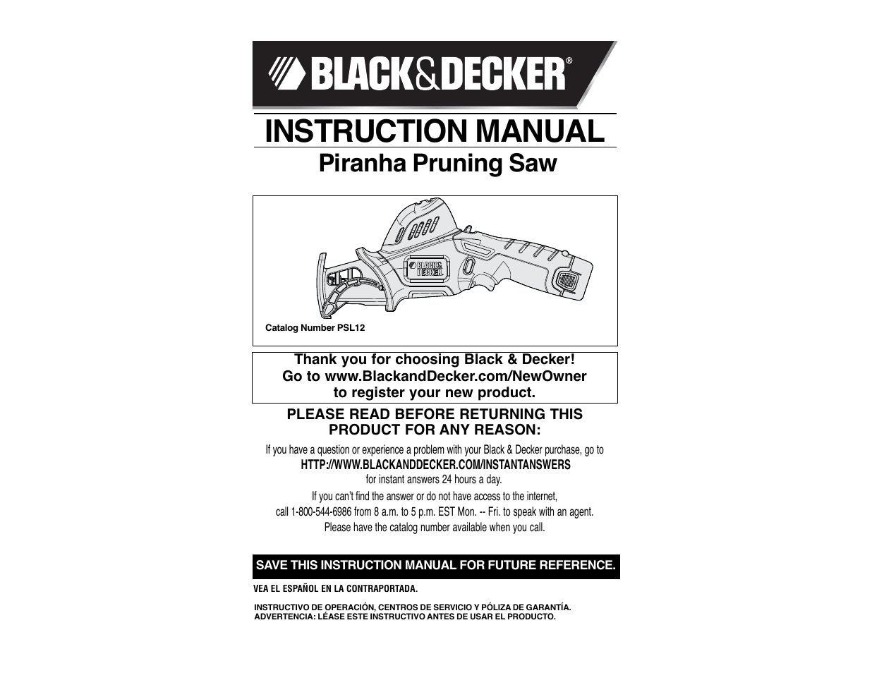 Black & Decker PIRANHA PURNING SAW PSL12 User Manual | 21 pages