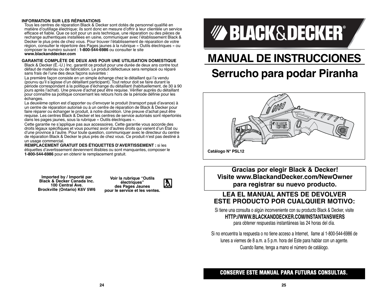 Manual de instrucciones, Serrucho para podar piranha | Black & Decker PIRANHA PURNING SAW PSL12 User Manual | Page 13 / 21