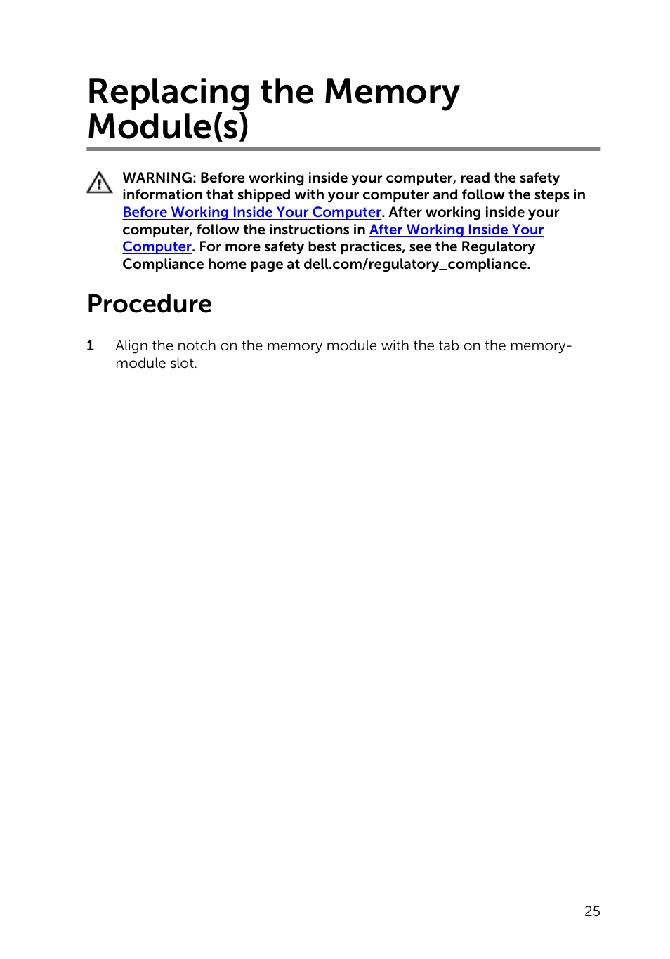 Replacing the memory module(s), Procedure | Dell Inspiron 14 (5447, Early 2014) User Manual | Page 25 / 79