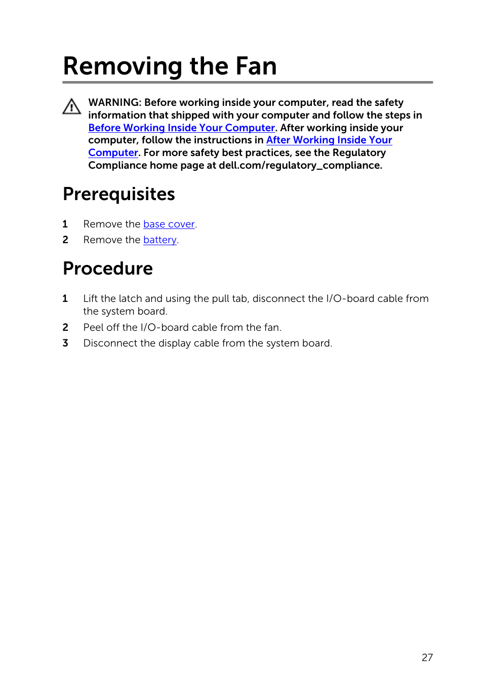 Removing the fan, Prerequisites, Procedure | Dell Inspiron 14 (5447, Early 2014) User Manual | Page 27 / 79