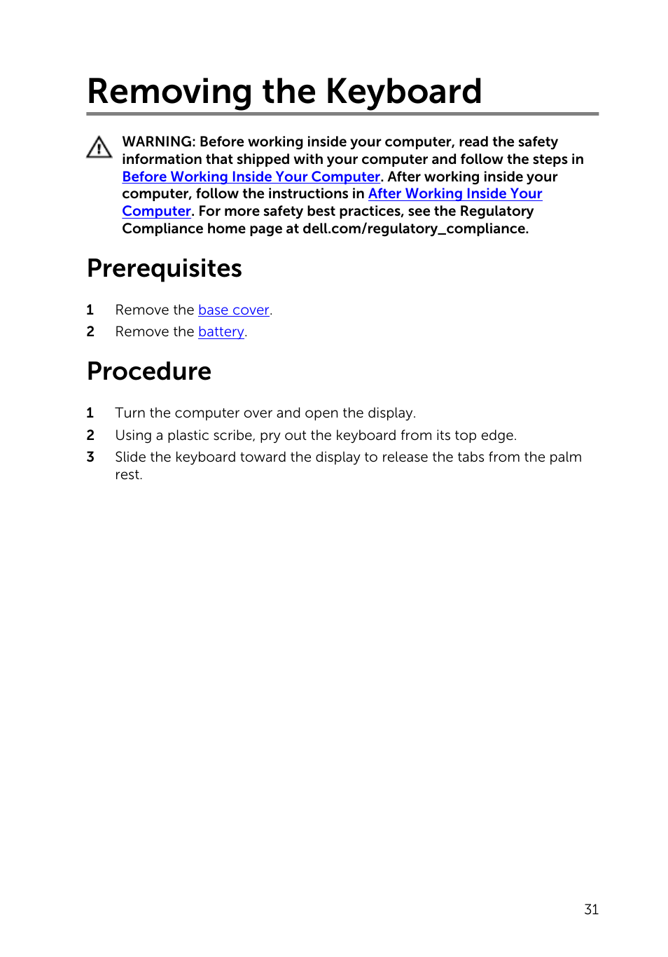 Removing the keyboard, Prerequisites, Procedure | Dell Inspiron 14 (5447, Early 2014) User Manual | Page 31 / 79