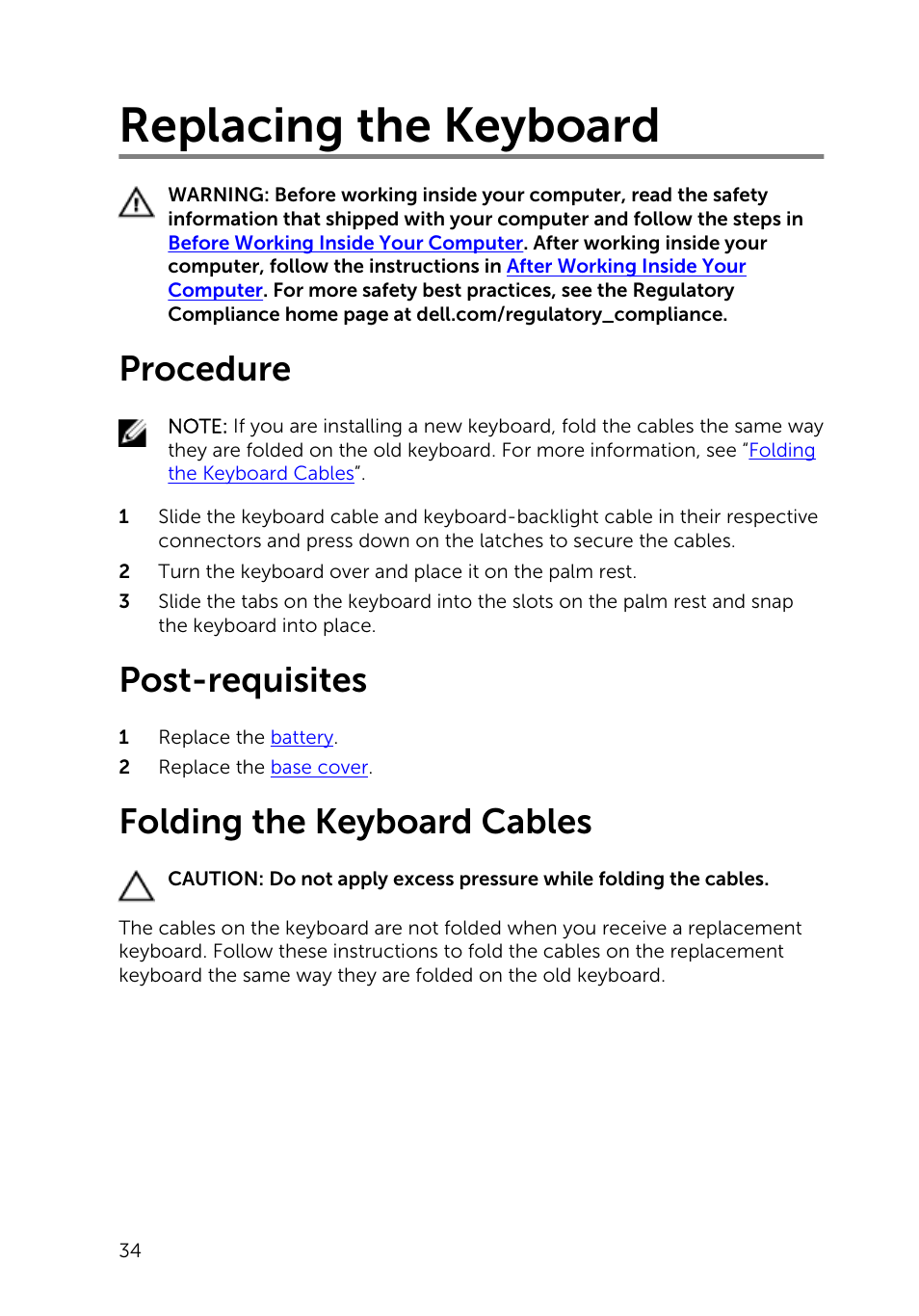 Replacing the keyboard, Procedure, Post-requisites | Folding the keyboard cables | Dell Inspiron 14 (5447, Early 2014) User Manual | Page 34 / 79