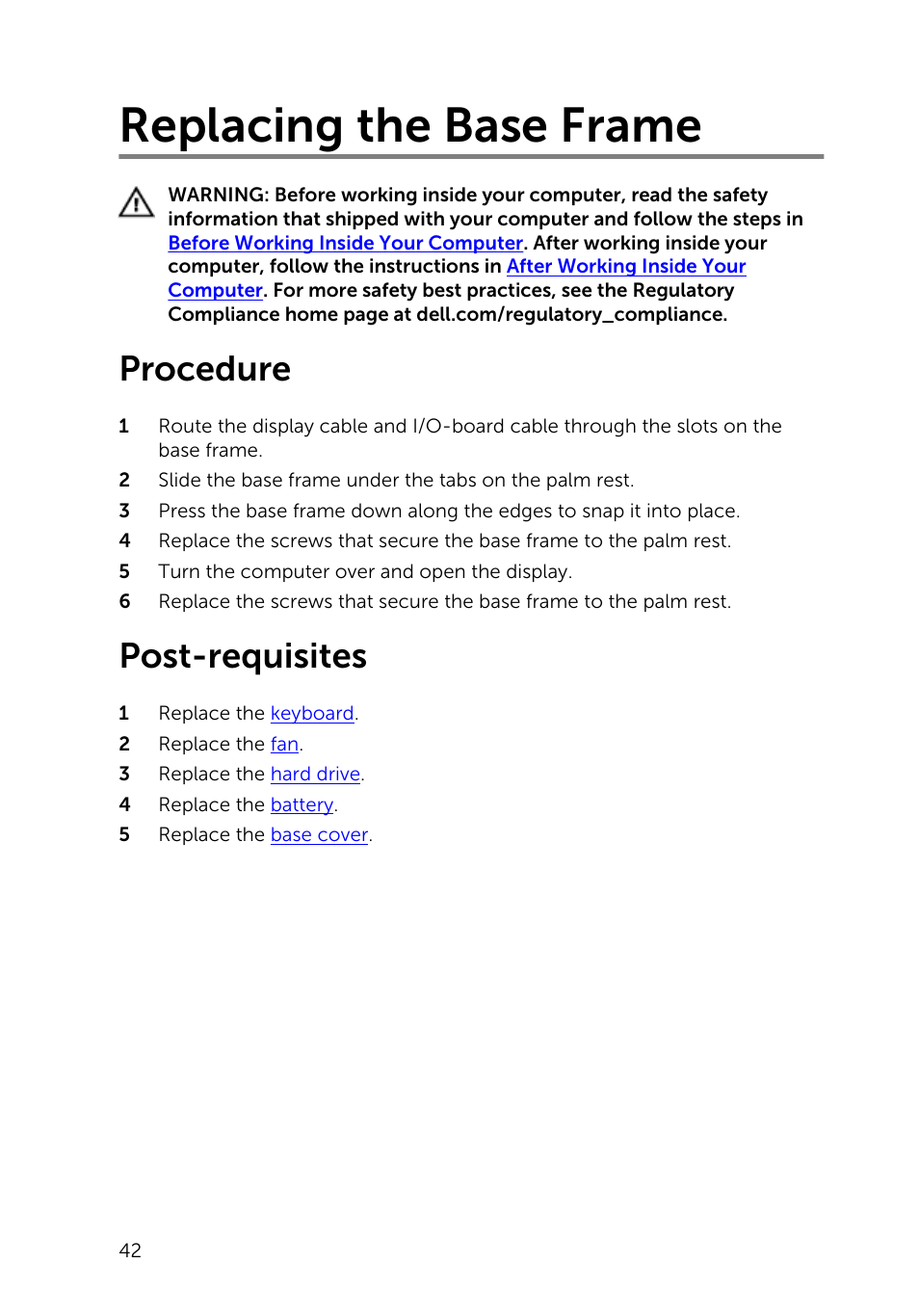 Replacing the base frame, Procedure, Post-requisites | Dell Inspiron 14 (5447, Early 2014) User Manual | Page 42 / 79