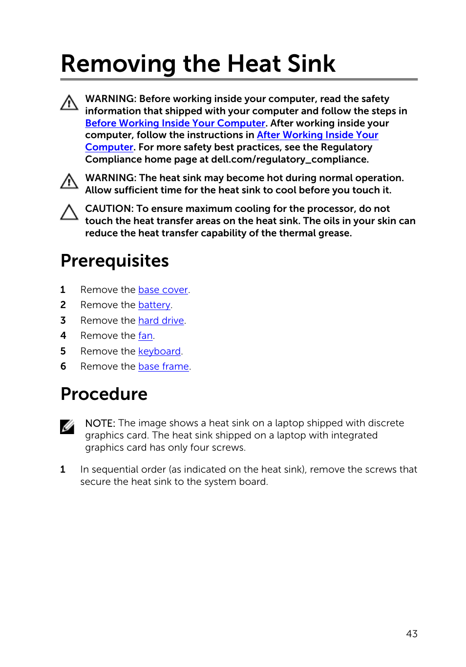 Removing the heat sink, Prerequisites, Procedure | Dell Inspiron 14 (5447, Early 2014) User Manual | Page 43 / 79