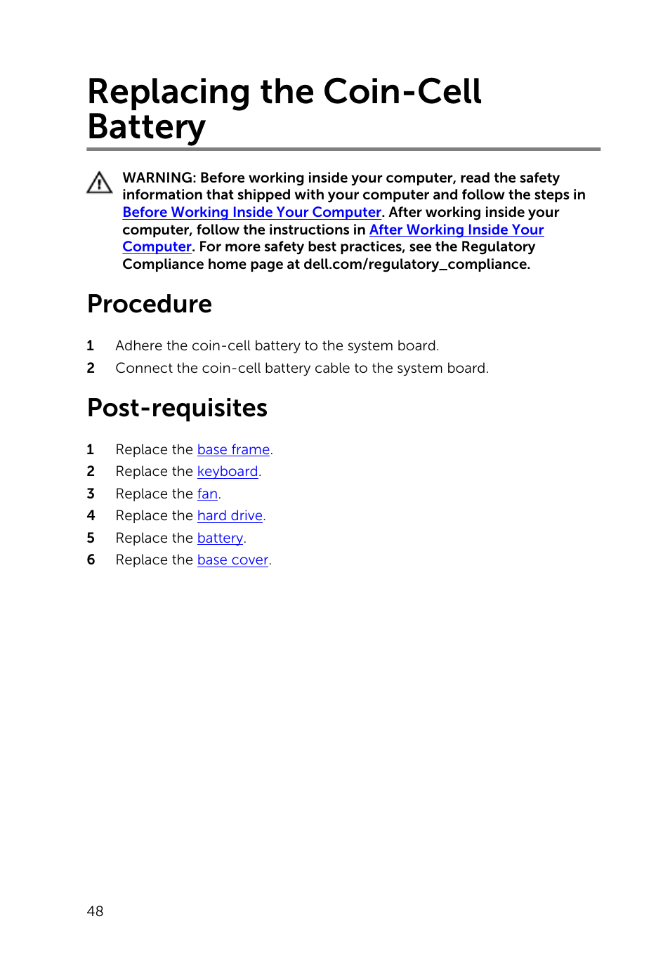 Replacing the coin-cell battery, Procedure, Post-requisites | Dell Inspiron 14 (5447, Early 2014) User Manual | Page 48 / 79