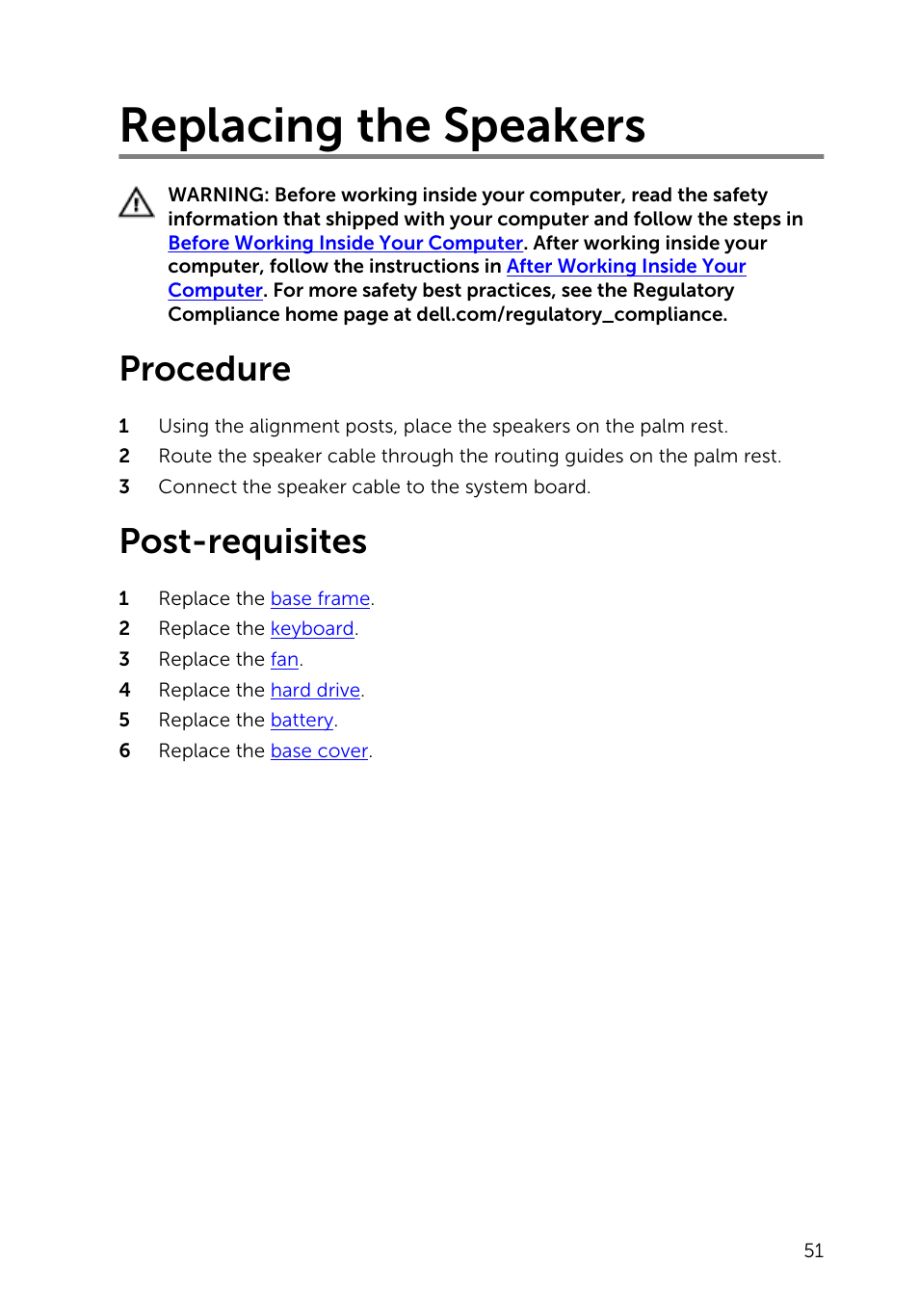 Replacing the speakers, Procedure, Post-requisites | Dell Inspiron 14 (5447, Early 2014) User Manual | Page 51 / 79