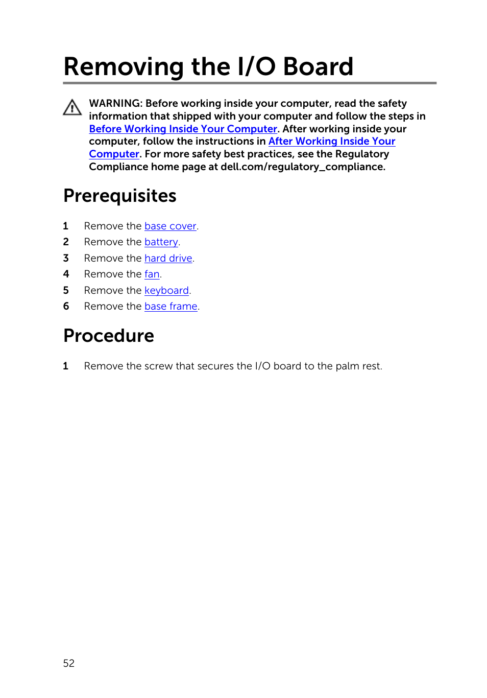 Removing the i/o board, Prerequisites, Procedure | Dell Inspiron 14 (5447, Early 2014) User Manual | Page 52 / 79