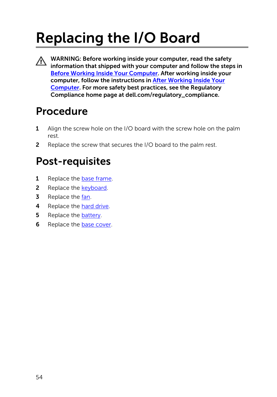Replacing the i/o board, Procedure, Post-requisites | Dell Inspiron 14 (5447, Early 2014) User Manual | Page 54 / 79