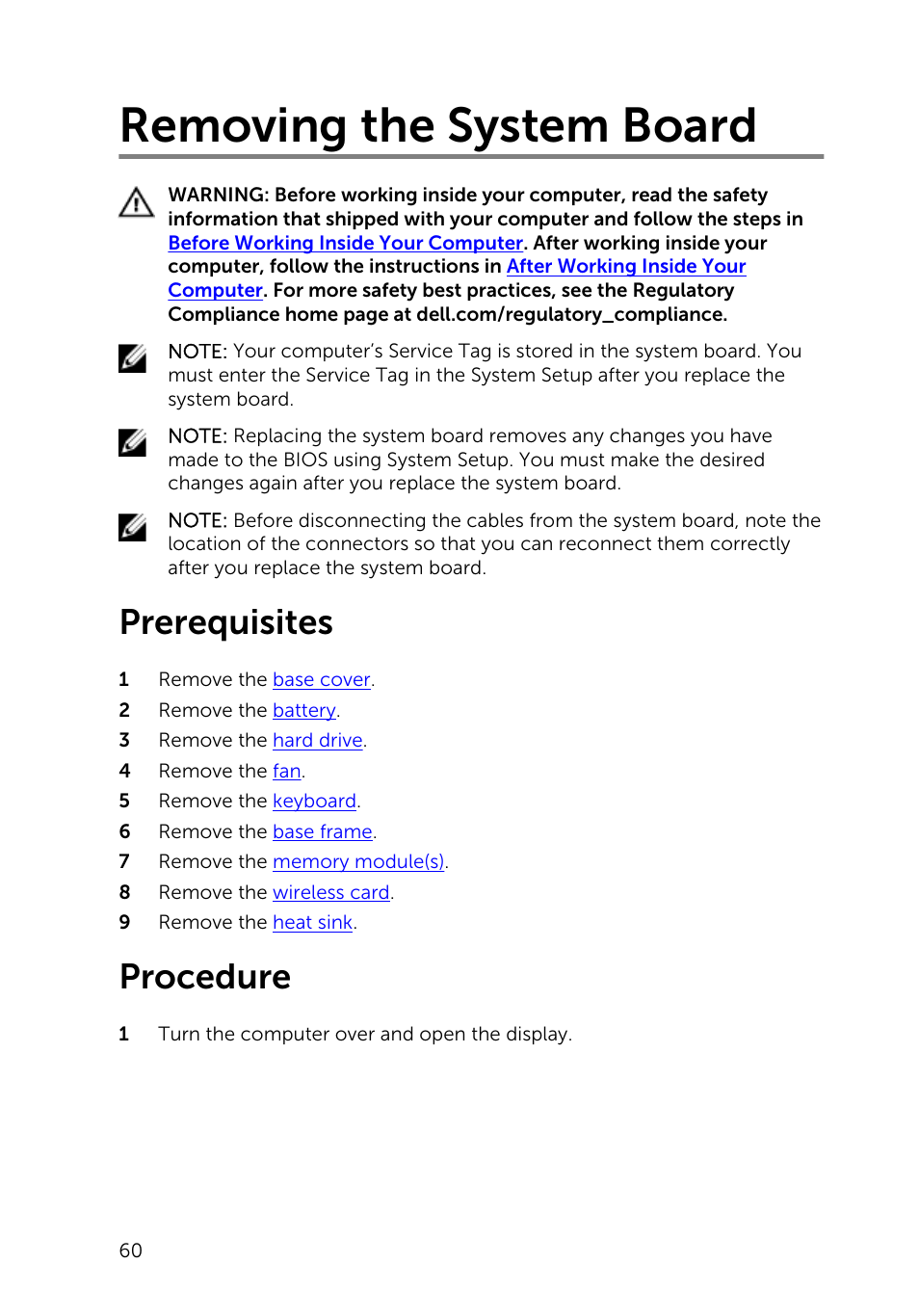 Removing the system board, Prerequisites, Procedure | Dell Inspiron 14 (5447, Early 2014) User Manual | Page 60 / 79