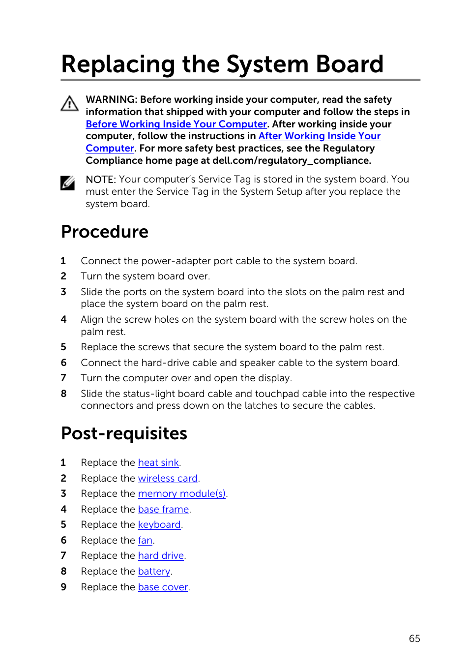 Replacing the system board, Procedure, Post-requisites | Dell Inspiron 14 (5447, Early 2014) User Manual | Page 65 / 79