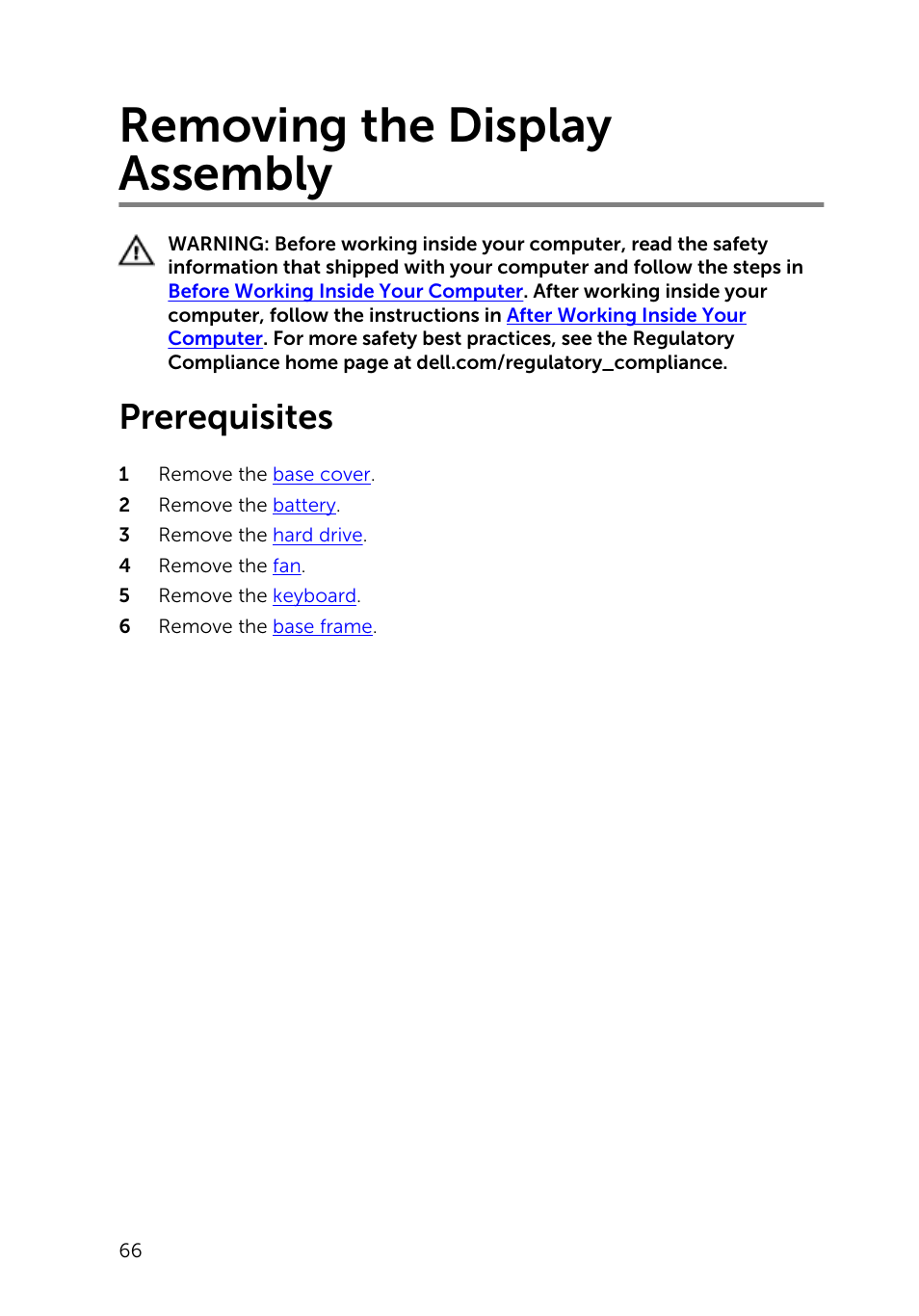 Removing the display assembly, Prerequisites | Dell Inspiron 14 (5447, Early 2014) User Manual | Page 66 / 79