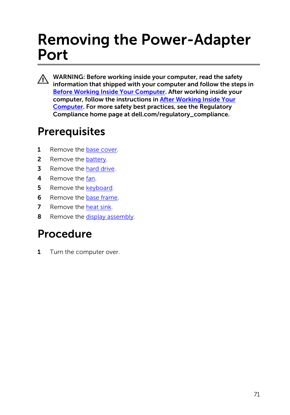 Removing the power-adapter port, Prerequisites, Procedure | Dell Inspiron 14 (5447, Early 2014) User Manual | Page 71 / 79