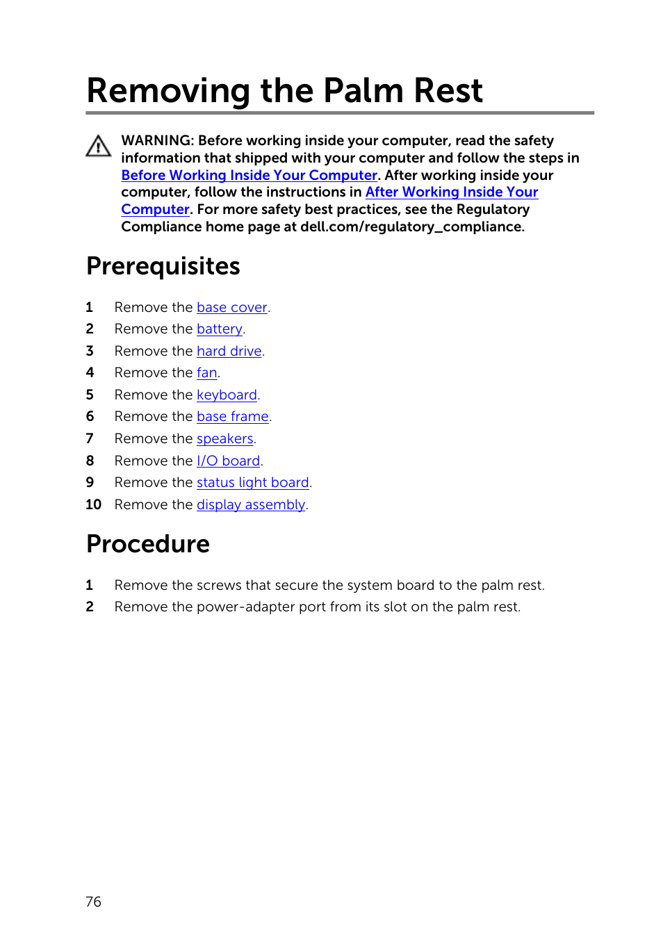 Removing the palm rest, Prerequisites, Procedure | Dell Inspiron 14 (5447, Early 2014) User Manual | Page 76 / 79