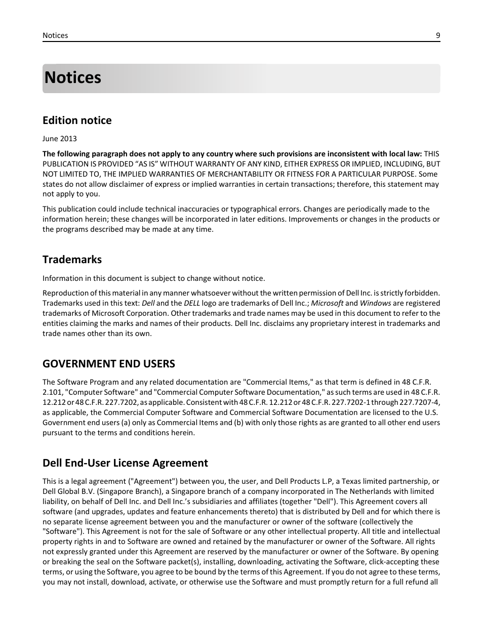 Notices, Edition notice, Trademarks | Government end users, Dell end-user license agreement | Dell B3465dnf Mono Laser Multifunction Printer User Manual | Page 9 / 14
