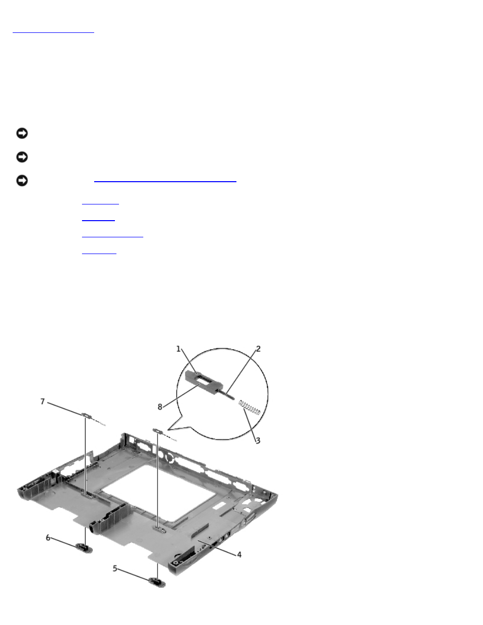 Battery and module bay latches, Removing the battery and module bay latches | Dell Latitude C640 User Manual | Page 46 / 53