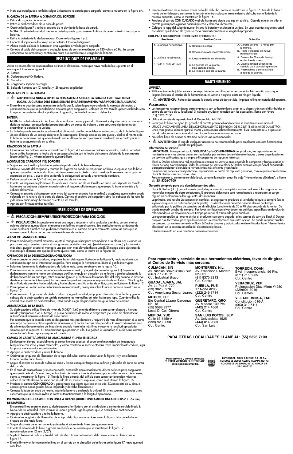 Instrucciones de ensamblaje, Instrucciones de operacion, Mantenimiento | Accesorios | Black & Decker 243257-01 User Manual | Page 5 / 5