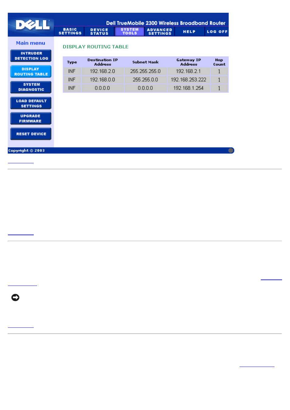 System diagnostic, Load default settings, Upgrade firmware | Dell 2300 Wireless Broadband Router User Manual | Page 165 / 178