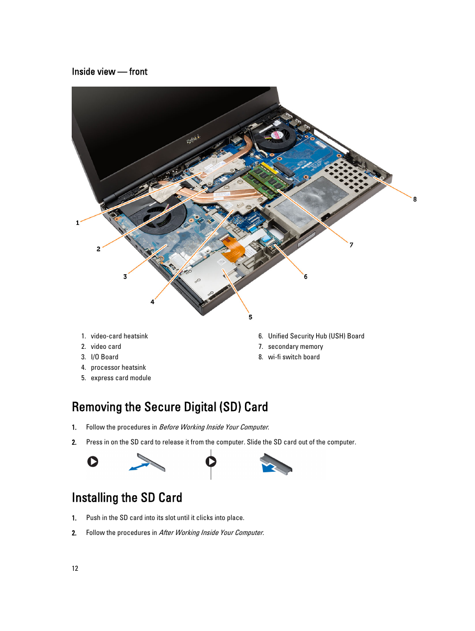 Removing the secure digital (sd) card, Installing the sd card | Dell Precision M4800 (Late 2013) User Manual | Page 12 / 83