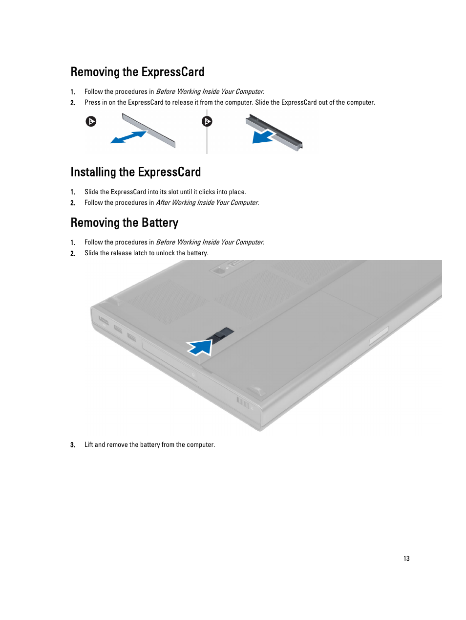 Removing the expresscard, Installing the expresscard, Removing the battery | Dell Precision M4800 (Late 2013) User Manual | Page 13 / 83