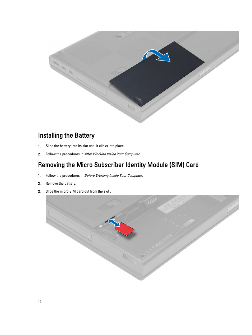 Installing the battery | Dell Precision M4800 (Late 2013) User Manual | Page 14 / 83