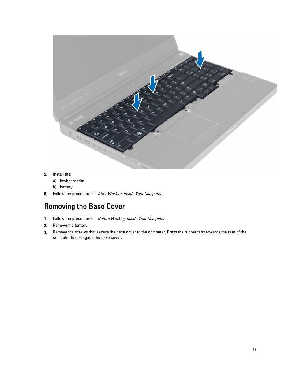 Removing the base cover | Dell Precision M4800 (Late 2013) User Manual | Page 19 / 83