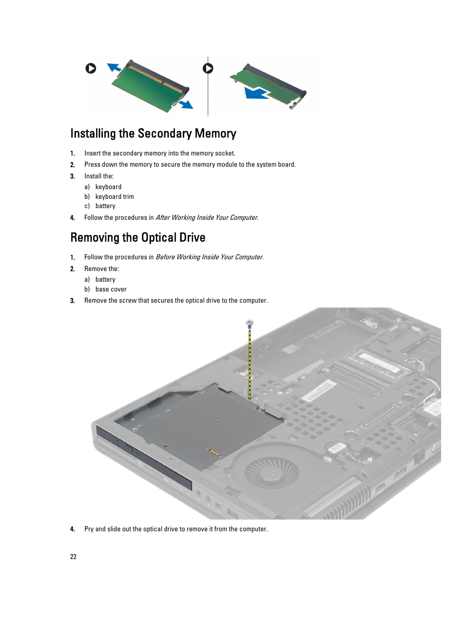 Installing the secondary memory, Removing the optical drive | Dell Precision M4800 (Late 2013) User Manual | Page 22 / 83