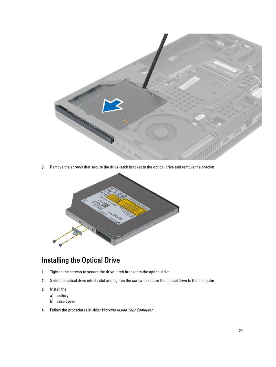 Installing the optical drive | Dell Precision M4800 (Late 2013) User Manual | Page 23 / 83