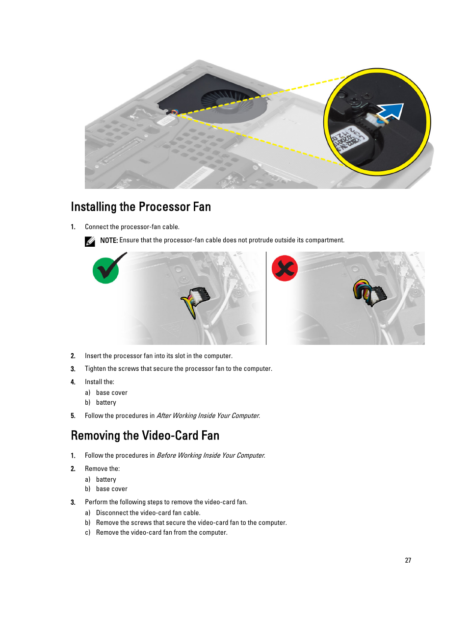 Installing the processor fan, Removing the video-card fan | Dell Precision M4800 (Late 2013) User Manual | Page 27 / 83