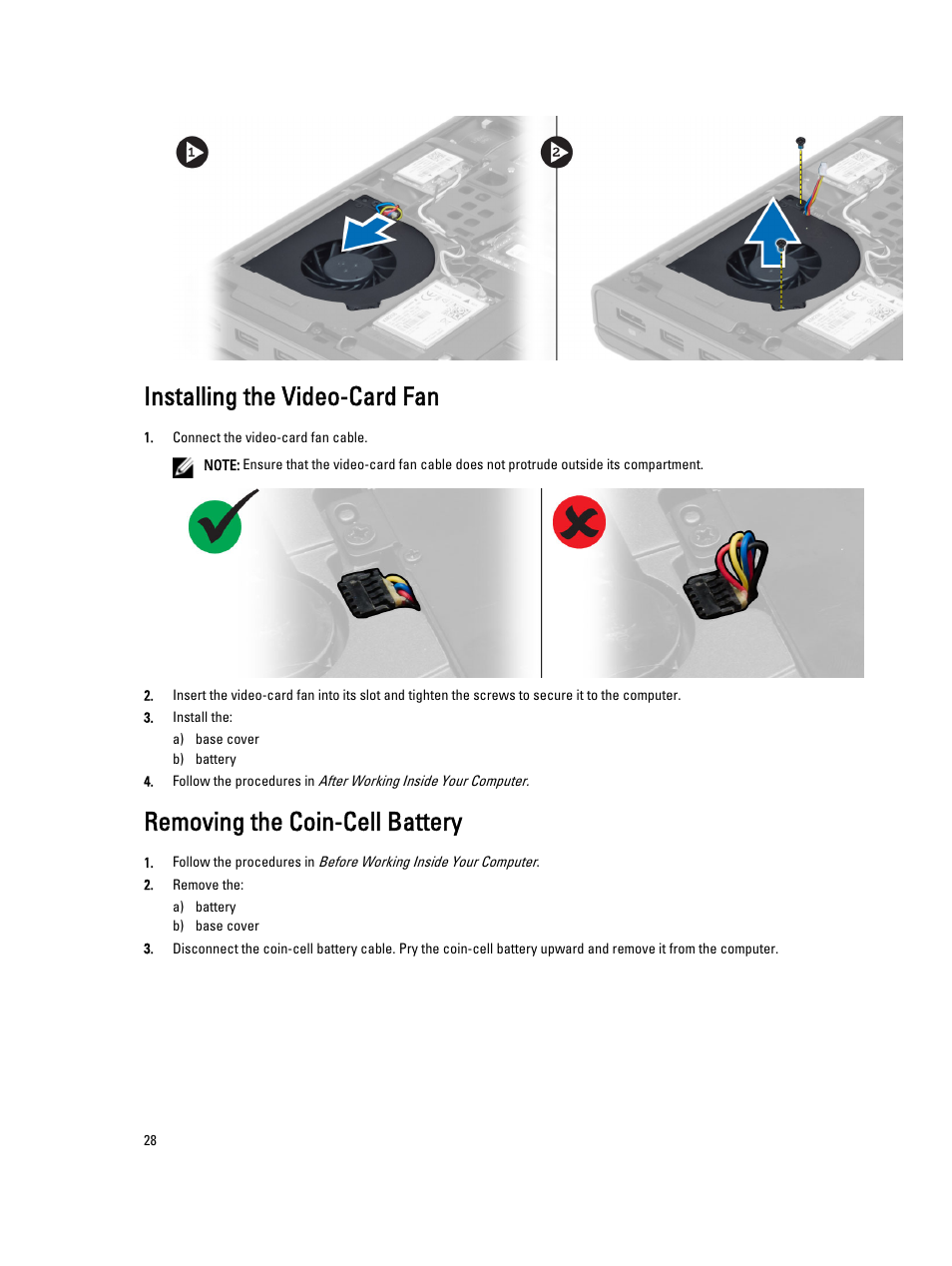 Installing the video-card fan, Removing the coin-cell battery | Dell Precision M4800 (Late 2013) User Manual | Page 28 / 83