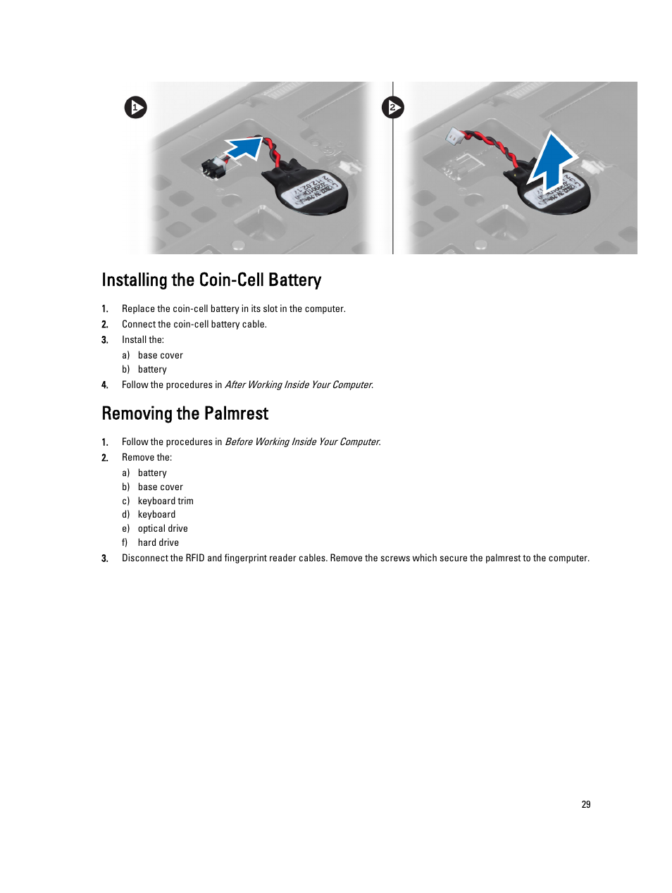 Installing the coin-cell battery, Removing the palmrest | Dell Precision M4800 (Late 2013) User Manual | Page 29 / 83