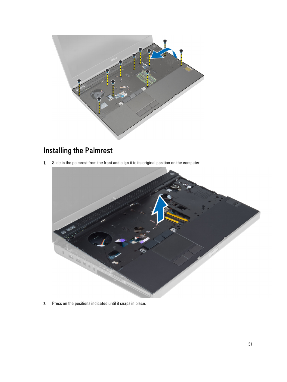 Installing the palmrest | Dell Precision M4800 (Late 2013) User Manual | Page 31 / 83