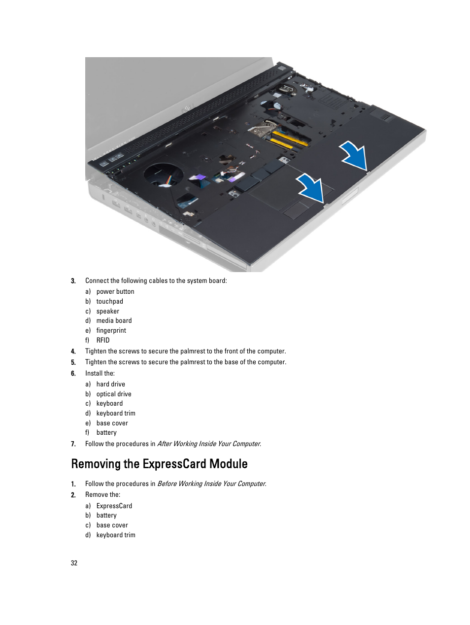 Removing the expresscard module | Dell Precision M4800 (Late 2013) User Manual | Page 32 / 83