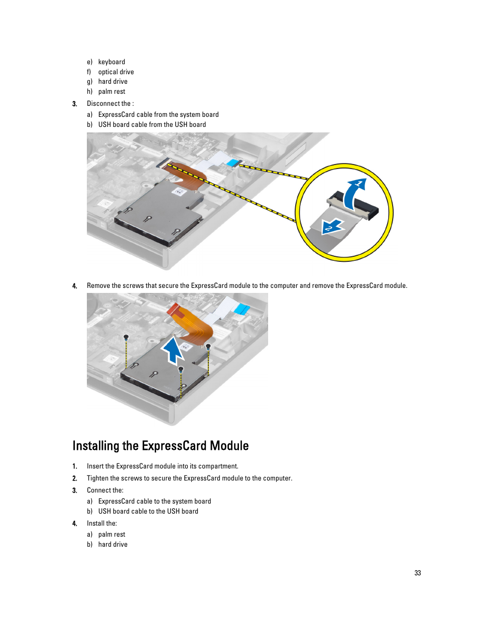 Installing the expresscard module | Dell Precision M4800 (Late 2013) User Manual | Page 33 / 83