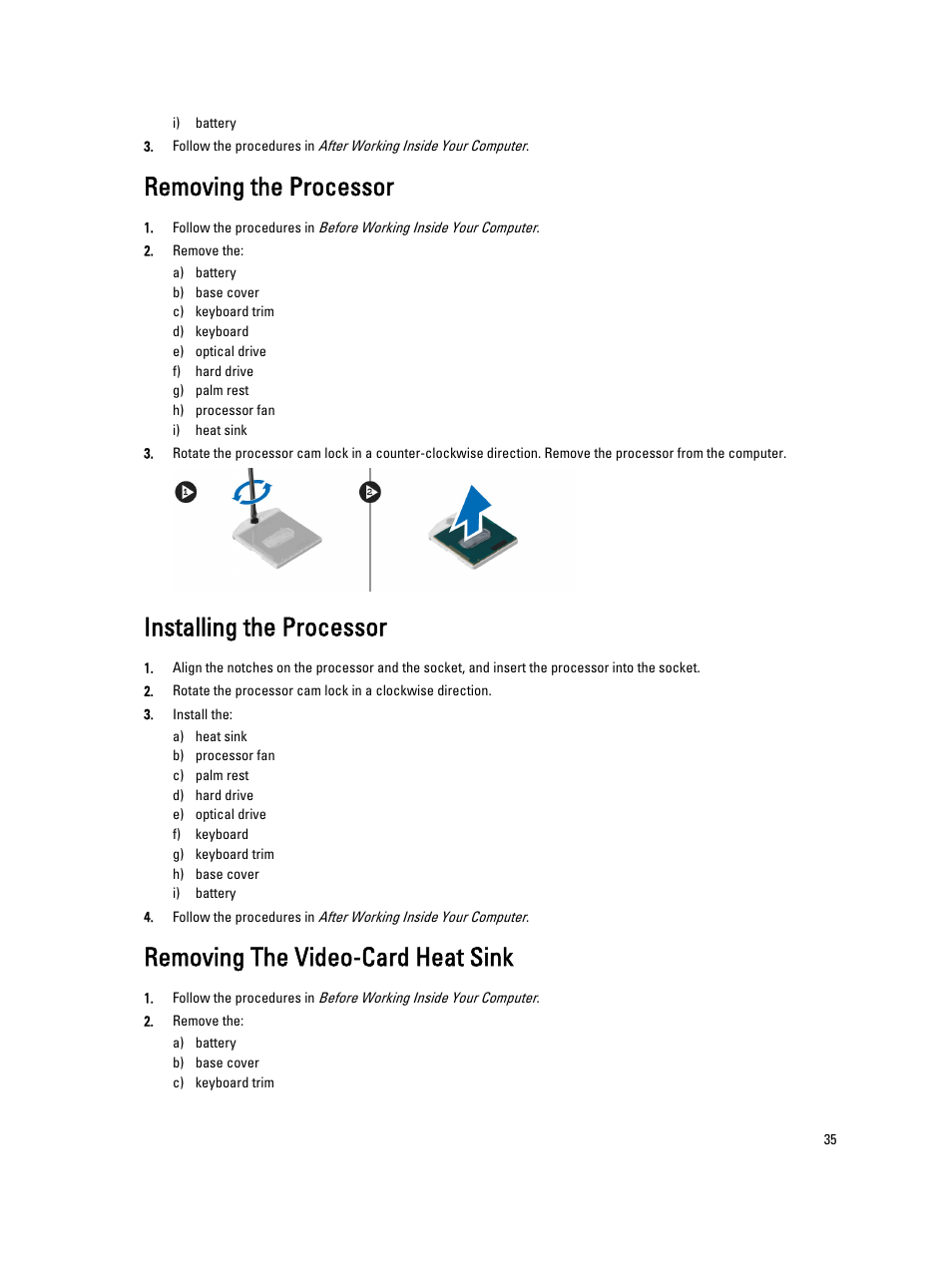 Removing the processor, Installing the processor, Removing the video-card heat sink | Dell Precision M4800 (Late 2013) User Manual | Page 35 / 83