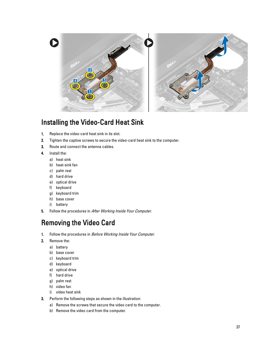 Installing the video-card heat sink, Removing the video card | Dell Precision M4800 (Late 2013) User Manual | Page 37 / 83