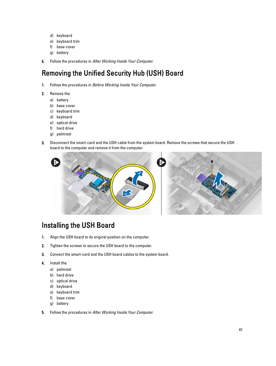 Removing the unified security hub (ush) board, Installing the ush board | Dell Precision M4800 (Late 2013) User Manual | Page 41 / 83
