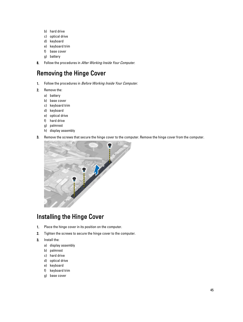 Removing the hinge cover, Installing the hinge cover | Dell Precision M4800 (Late 2013) User Manual | Page 45 / 83