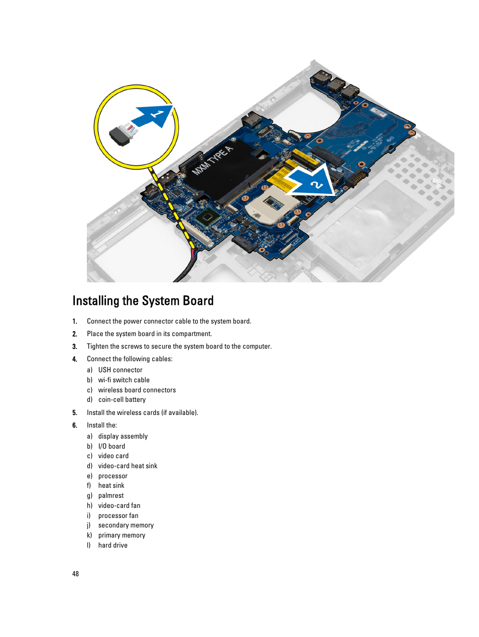 Installing the system board | Dell Precision M4800 (Late 2013) User Manual | Page 48 / 83