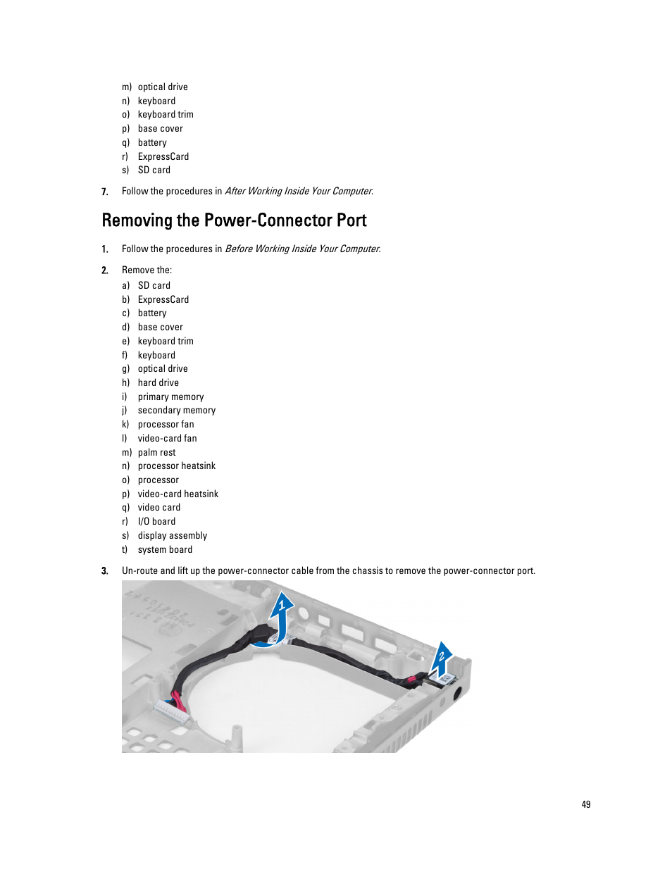 Removing the power-connector port | Dell Precision M4800 (Late 2013) User Manual | Page 49 / 83
