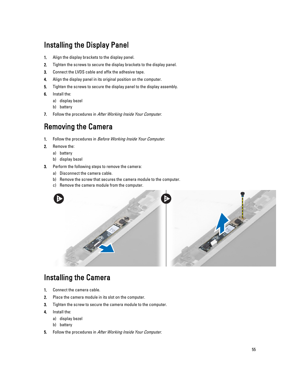Installing the display panel, Removing the camera, Installing the camera | Dell Precision M4800 (Late 2013) User Manual | Page 55 / 83