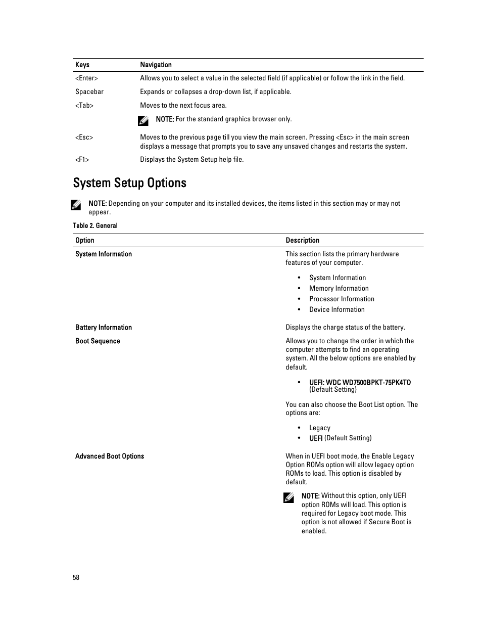 System setup options | Dell Precision M4800 (Late 2013) User Manual | Page 58 / 83
