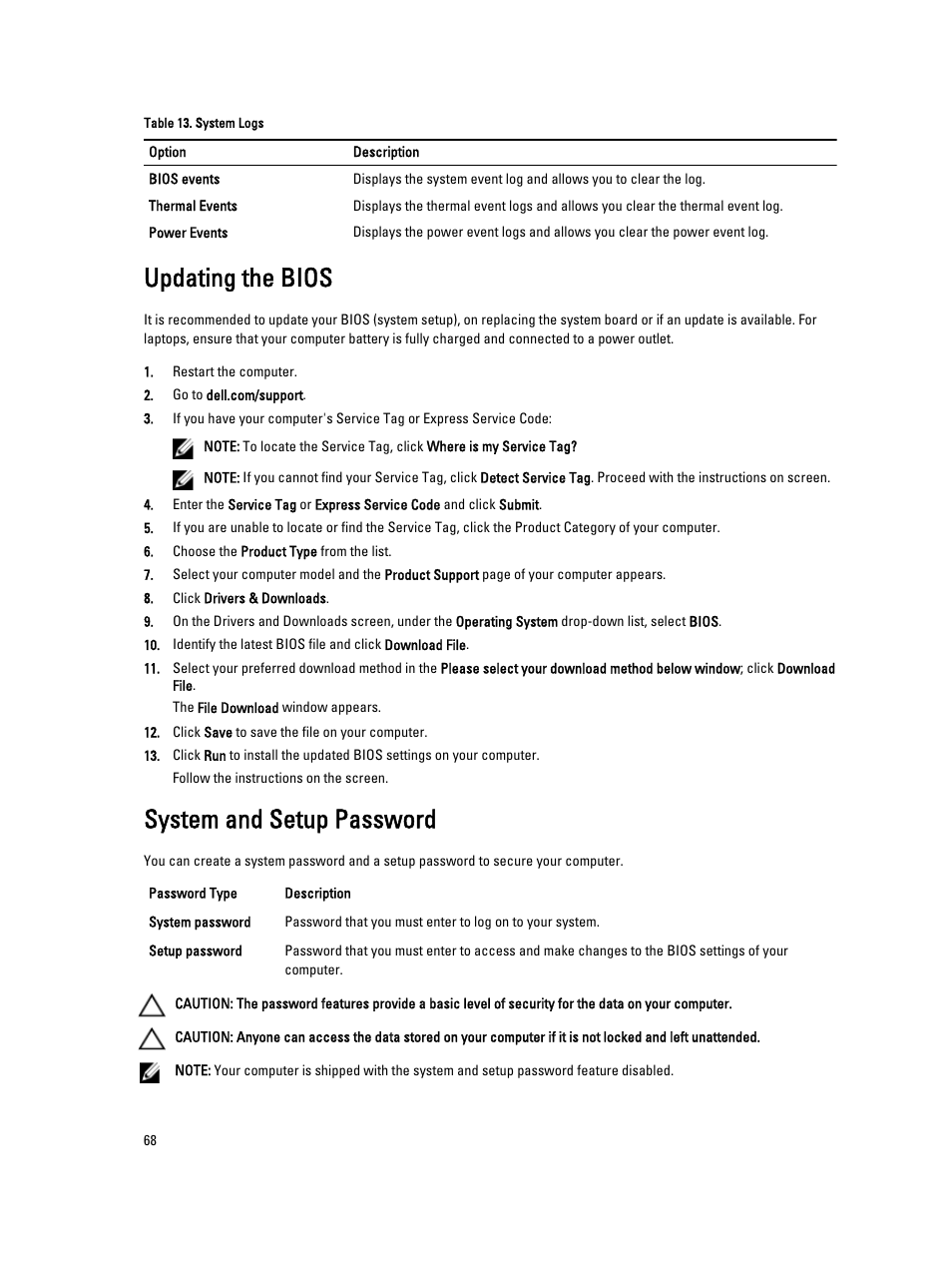 Updating the bios, System and setup password | Dell Precision M4800 (Late 2013) User Manual | Page 68 / 83