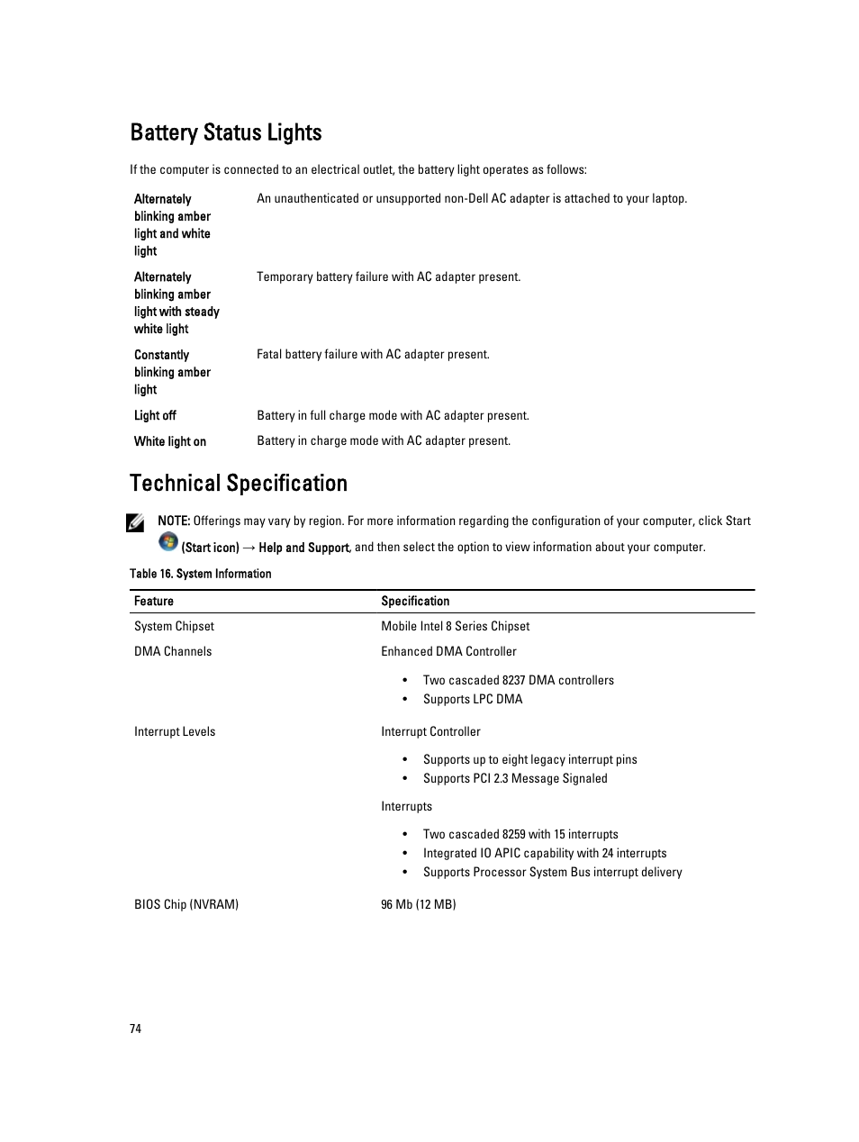 Battery status lights, Technical specification | Dell Precision M4800 (Late 2013) User Manual | Page 74 / 83