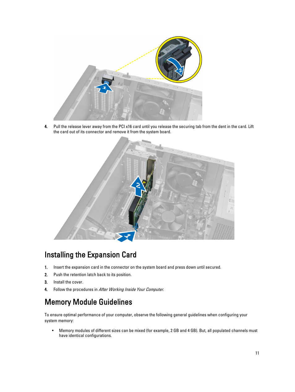 Installing the expansion card, Memory module guidelines | Dell Precision T1700 (Mid 2013) User Manual | Page 11 / 53