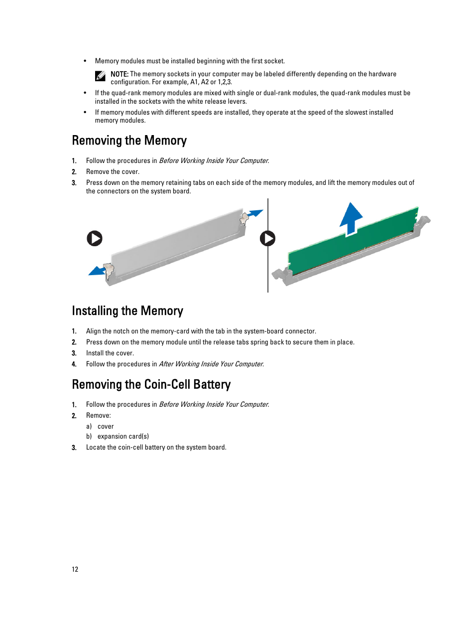Removing the memory, Installing the memory, Removing the coin-cell battery | Dell Precision T1700 (Mid 2013) User Manual | Page 12 / 53